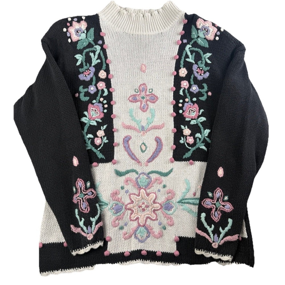 Vintage Ninon de Lenclos Floral Embroidered Cottagecore Sweater Women's L Ramie